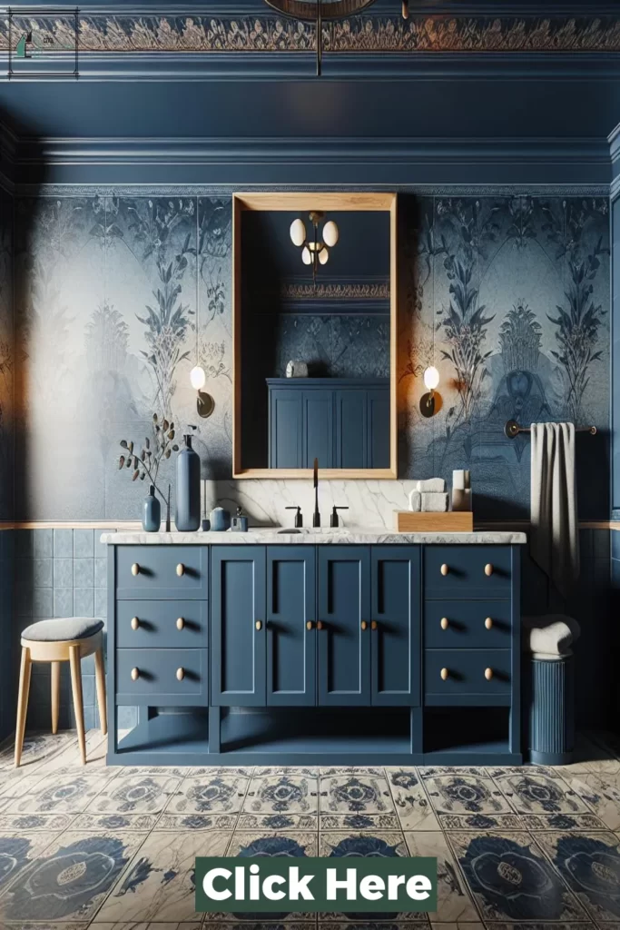 Bathroom with navy vanity and white subway tiles