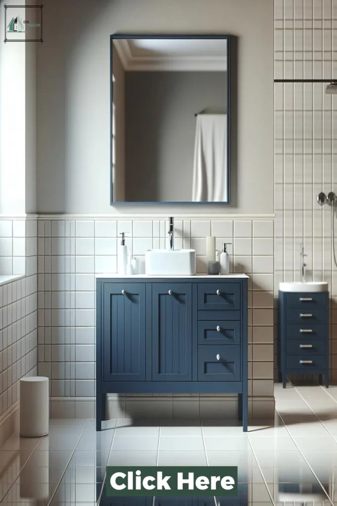 Bathroom featuring a bold navy vanity with gold accents