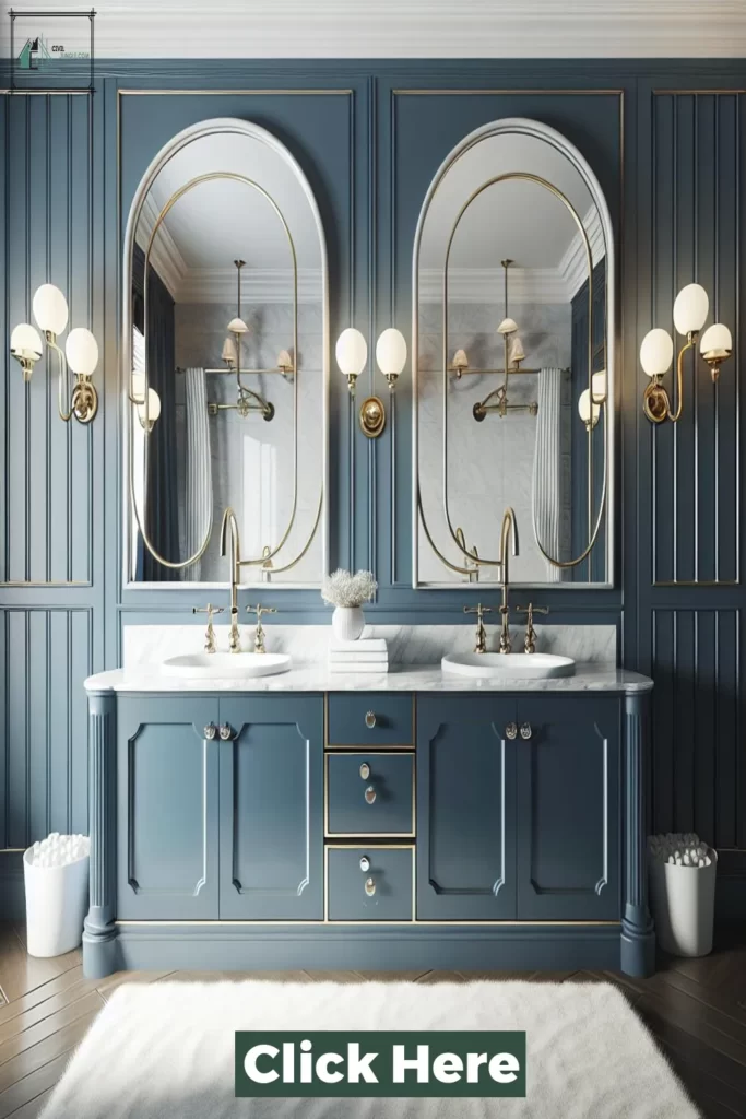 Refined navy and white bathroom with timeless accents