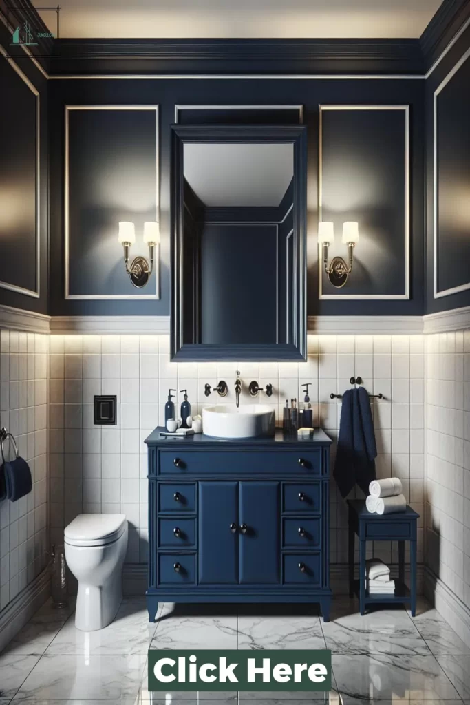 Bathroom with navy accents and minimalist design