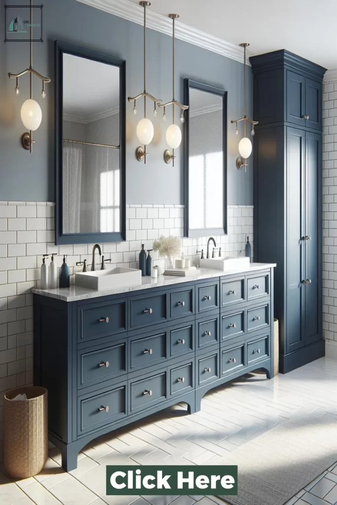 Minimalist bathroom with navy vanity and gold accents