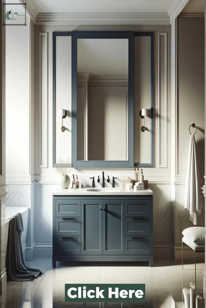 Modern navy bathroom with brass accents