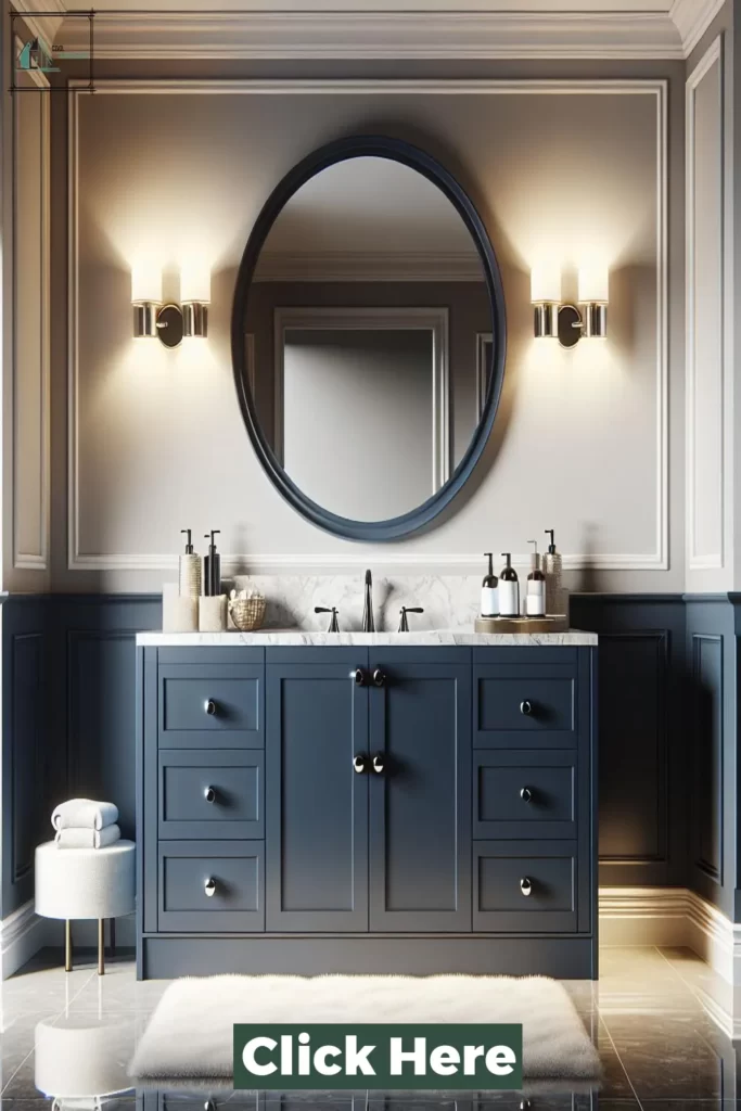 Navy vanity with classic brass accents in a bathroom