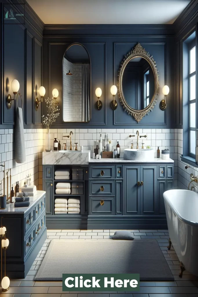 Bathroom featuring a navy vanity with calming blue accents