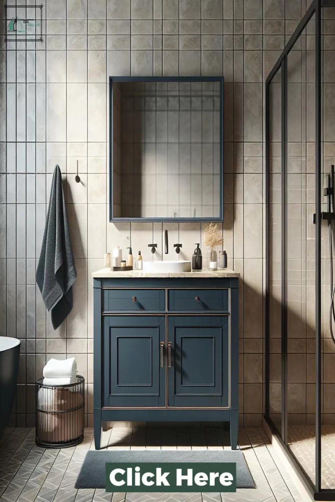 Elegant navy bathroom with hexagonal tile backsplash